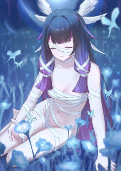1girl absurdres bandages black_hair blue_flower breasts bug butterfly chest_sarashi cleavage closed_eyes closed_mouth columbina_(genshin_impact) commentary_request feathered_wings flower genshin_impact hair_ribbon head_wings highres insect medium_breasts multiple_wings naked_bandage navel pink_hair revision ribbon runyo_(yale12312) sarashi sidelocks sitting smile solo stomach white_ribbon white_wings wings