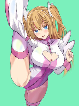 1girl 2.5_jigen_no_ririsa aqua_background arm_up blue_eyes blush breasts brown_hair cleavage cleavage_cutout clothing_cutout covered_navel flexible heart_cutout highres konpotsu large_breasts leg_up leotard liliel_(2.5_jigen_no_ririsa) long_hair long_sleeves looking_at_viewer open_mouth raised_eyebrows simple_background single_thighhigh skindentation solo split spread_legs standing standing_on_one_leg standing_split thigh_strap thighhighs thighs two_side_up white_leotard white_thighhighs wide_spread_legs zipper zipper_pull_tab