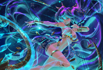 1girl artist_name barefoot blue_eyes blue_hair breasts closed_mouth commentary english_commentary highres iuno_(wuthering_waves) looking_back magic medium_breasts paid_reward_available solo tatti_art twintails variant_set wuthering_waves