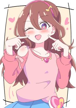1girl ;d absurdres bare_shoulders blue_skirt blush border bright_pupils brown_hair clothing_cutout collarbone commentary double-parted_bangs eighth_note fingers_to_cheeks fortissimo hair_between_eyes hair_ornament hairband hands_up heart heart_brooch_holder highres idol_heart_brooch_(precure) index_finger_raised kimi_to_idol_precure long_hair long_sleeves looking_at_viewer musical_note musical_note_hair_ornament one_eye_closed open_mouth outside_border pink_eyes pink_hairband pink_shirt pleated_skirt pointing pointing_at_self precure sakura_uta_(precure) shirt shoulder_cutout skirt smile solo teeth upper_body upper_teeth_only white_border white_pupils yellow_background yuki_nagisaa