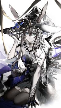Rule 34 | 1girl, absurdres, alternate costume, amiya (arknights), amiya (medic) (arknights), amiya (medic) (solo around the world) (arknights), animal ears, arknights, black dress, black gloves, black hat, black thighhighs, blue eyes, brown hair, dress, ears through headwear, gloves, hair between eyes, hand on headwear, hat, highres, jewelry, long hair, looking at viewer, multiple rings, official alternate costume, parted lips, rabbit ears, rabbit girl, remsrar, ring, simple background, single glove, sitting, sketch, solo, thighhighs, very long hair, white background, witch hat