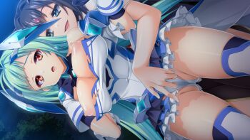 2girls aqua_hair black_hair blue_eyes breasts breasts_out chest_jewel dutch_angle exs-tia_aqua fingering fingering_through_clothes floating_headgear forehead_jewel frills game_cg gloves gluteal_fold green_hair headgear kamitsurugi_ouka kouyoku_senki_exs-tia_concert kunijima_chiaki large_breasts leotard long_hair magical_girl multiple_girls night nipples non-web_source official_art open_mouth outdoors pussy_juice red_eyes shiny_skin short_hair skirt smile thighhighs through_clothes torn_clothes torn_skirt variant_set very_long_hair wauri_(exs-tia_concert) yuri