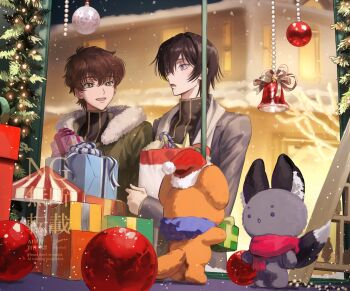 2boys ashford_academy_school_uniform bag black_hair brown_hair christmas coat code_geass commentary fur-trimmed_coat fur_trim gift green_coat green_eyes highres kururugi_suzaku lelouch_vi_britannia long_sleeves male_focus multiple_boys purple_eyes school_uniform shopping shopping_bag short_hair smile stuffed_toy symbol-only_commentary toy yorusl