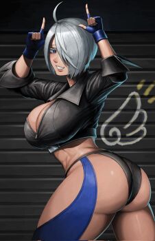 1girl ahoge angel_(kof) black_jacket blue_eyes blue_gloves breasts cleavage commentary_request fingerless_gloves gloves grin hair_over_one_eye highres jacket large_breasts looking_at_viewer short_hair smile solo susudango the_king_of_fighters white_hair