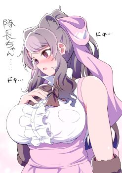 1girl absurdres animal_ears bare_shoulders bear_ears bear_girl bergman&#039;s_bear_(kemono_friends) black_hair blush bow bowtie bracelet breasts brown_eyes center_frills empty_eyes extra_ears frills fur_bracelet grey_hair hair_bow highres huge_bow jewelry kemono_friends kemono_friends_3 large_breasts long_hair mamiyama multicolored_hair open_mouth shirt skirt sleeveless translated