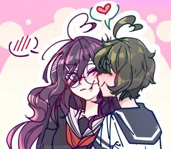 Rule 34 | 2girls, :t, ahoge, antenna hair, artist name, black shirt, blue sailor collar, blush, closed mouth, collarbone, cosmiccolours, danganronpa (series), danganronpa another episode: ultra despair girls, eyelashes, fukawa toko, glasses, green hair, hair between eyes, hair ornament, hairclip, heart, heart ahoge, long hair, mole, mole under mouth, multiple girls, naegi komaru, nuzzle, one eye closed, purple hair, sailor collar, shirt, short hair, smile, speech bubble, spoken blush, spoken heart, white sailor collar, white shirt, yuri
