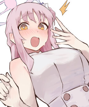 1girl absurdres blue_archive blush halo highres looking_at_viewer mika_(blue_archive) open_mouth pink_hair simple_background surprised touch_(uo2iqsbub291352) upper_body yellow_eyes