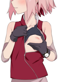 1girl black_shirt blouse blush breast_hold breasts clothes_lift embarrassed gloves haruno_sakura head_out_of_frame highres loli looking_to_the_side morisobo naruto_(classic) naruto_(series) nipples pink_hair red_shirt shirt shirt_lift short_hair simple_background sleeveless sleeveless_shirt small_breasts solo standing watch white_background
