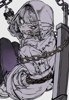 1girl chain commentary_request grin highres hood hood_up hooded_jacket jacket kira_(project_moon) knees_up korean_commentary limbus_company looking_at_viewer pants project_moon purple_eyes purple_pants sharp_teeth shoes short_hair simple_background smile solo sword teeth user_vdfv8273 weapon white_background white_hair white_jacket white_shoes