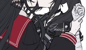 2girls airota bandaged_arm bandages black_choker black_hair choker collared_shirt commentary_request head_out_of_frame highres holding_another&#039;s_wrist kiss kurobe_nanoka long_hair mahou_shoujo_no_majo_saiban multiple_girls nikaido_hiro red_sailor_collar sailor_collar shirt signature tongue tongue_out twintails upper_body yuri