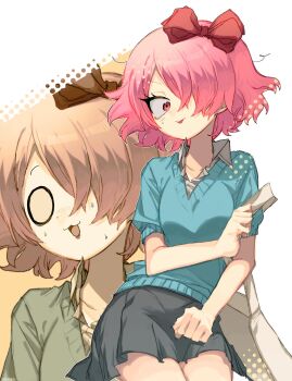 1girl :3 bag black_skirt blue_sweater bow brown_bow collared_shirt dogpigyaro dr._stone green_sweater hair_bow hair_over_one_eye highres looking_at_viewer luna_wright multiple_views o_o one_eye_covered open_mouth pink_eyes pink_hair red_bow shirt short_hair short_sleeves sitting skirt smile sweat sweater white_background white_shirt