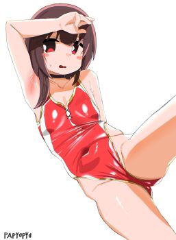 1girl alternate_costume arm_up armpits artist_name bare_shoulders black_choker blush blush_stickers breasts brown_hair cameltoe choker collarbone competition_swimsuit covered_navel cowboy_shot flat_chest highleg highleg_one-piece_swimsuit kono_subarashii_sekai_ni_shukufuku_wo! loli looking_at_viewer megumin one-piece_swimsuit open_mouth papyopyo red_eyes red_one-piece_swimsuit shiny_clothes shiny_skin short_hair short_hair_with_long_locks simple_background small_breasts solo spread_legs swimsuit wavy_mouth white_background