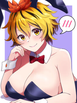 Rule 34 | 1girl, alternate breast size (larger), animal ears, bare shoulders, black hair, black leotard, blonde hair, blush, border, bow, bowtie, breasts, cleavage, closed mouth, collarbone, commentary request, detached collar, duplicate, fake animal ears, happy, highres, kisaragi koushi, large breasts, leotard, looking at viewer, pixel-perfect duplicate, playboy bunny, red bow, red bowtie, short hair, smile, solo, spoken blush, strapless, strapless leotard, toramaru shou, touhou, white border, wrist cuffs