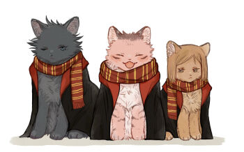 1girl 2girls :3 animal animalization blue_eyes brown_eyes brown_fur brown_hair cat cloak closed_eyes clothed_animal commentary_request fushiguro_megumi grey_fur gryffindor harry_potter_(series) highres itadori_yuuji jujutsu_kaisen kugisaki_nobara makoto_juju multiple_girls no_humans one_eye_closed open_mouth pink_fur scarf smile striped_clothes striped_scarf wizarding_world