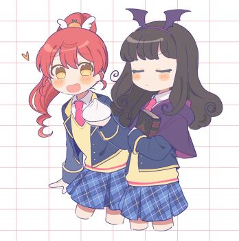 2girls :d black_hair blazer blue_jacket blue_skirt book capelet closed_eyes closed_mouth collared_shirt commentary_request cowboy_shot cropped_jacket cropped_legs food heart highres holding holding_book jacket korean_commentary kurosu_aroma long_hair long_sleeves looking_at_another multiple_girls necktie open_mouth paprika_private_academy_school_uniform pink_necktie plaid_clothes plaid_skirt pleated_skirt ponytail pretty_series pripara purple_capelet red_hair school_uniform shiratama_mikan shirt skirt smile standing steamed_bun sururufu vest white_shirt yellow_eyes yellow_vest