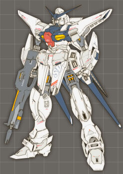 absurdres beam_rifle blue_eyes commentary commentary_request derivative_work earth_federation energy_gun english_commentary exposed_internal_machinery g-saviour_gundam grey_background grid_background gundam gundam_g-saviour highres ke_yukikaze mecha mecha_focus mobile_suit original redesign robot science_fiction unfinished v-fin weapon