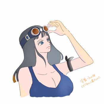1girl bandana_around_arm black_hair blue_tank_top breasts cleavage closed_mouth cosplay eyelashes goggles goggles_on_head highres long_hair nico_robin one_piece roronoa_zoro roronoa_zoro_(cosplay) rororo_bin simple_background solo tank_top white_background