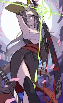 1girl alternate_costume animal_ears black_hair blue_eyes breasts brown_hair chest_sarashi dream_journey_(umamusume) ear_covers eyewear_strap glasses hair_between_eyes highres holding holding_sword holding_weapon horse_ears horse_girl horse_tail iam_(tetsu0ekaki) katana long_hair long_sleeves looking_at_viewer multicolored_hair sarashi single_ear_cover single_hair_intake solo sword tail umamusume weapon white_hair