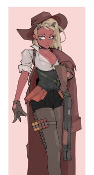 Rule 34 | 1girl, absurdres, ammunition, black corset, blonde hair, blue eyes, boots, border, breasts, brown gloves, choker, cleavage, colored skin, commentary, corset, cowboy hat, duster, gloves, gun, hat, highres, horns, impid (rimworld), owlixen, pump action, red skin, red skirt, rimworld, shotgun, shotgun shell, skirt, solo, thigh boots, weapon, white border
