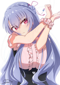 1girl :&lt; absurdres alternate_costume alternate_hairstyle black_skirt blue_hair blush bound bound_wrists braid breasts buttons center_frills closed_mouth commentary crown_braid eyes_visible_through_hair frilled_shirt frills frown hair_between_eyes hair_bun hair_over_shoulder hands_up head_tilt heart_button high-waist_skirt highres jirai_kei large_breasts long_hair looking_at_viewer pink_scrunchie pink_shirt red_eyes scrunchie shirt short_sleeves signature simple_background single_side_bun skirt solo sorakado_ao suimei_(ramebi3) summer_pockets upper_body very_long_hair white_background wrist_scrunchie