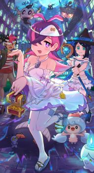 1boy 2girls alternate_costume antenna_hair black_hat black_shoes blush building closed_mouth commentary_request darkrai dot_(pokemon) dress gen_4_pokemon gen_5_pokemon gen_6_pokemon gen_8_pokemon gimmighoul halloween halloween_costume hat hattrem highres holding holding_staff kutsunohito leg_up legendary_pokemon liko_(pokemon) litwick moon multiple_girls mythical_pokemon night nintendo open_mouth outdoors pants phantump pokemon pokemon_(anime) pokemon_(creature) pokemon_horizons pumpkaboo purple_eyes purple_hair roy_(pokemon) sandals shirt shoes sky smile staff standing sweatdrop toes witch_hat