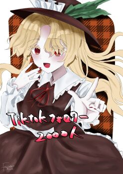 Rule 34 | 1girl, :d, blonde hair, blush, breasts, brown hat, brown skirt, brown vest, collared shirt, commentary request, cowboy shot, dolls in pseudo paradise, fingernails, frilled hat, frilled shirt collar, frilled sleeves, frills, hat, hat feather, highres, jacket girl (dipp), long hair, long sleeves, misaki 105, neck ribbon, open mouth, parted bangs, pointing, red eyes, red nails, red ribbon, ribbon, shirt, skirt, small breasts, smile, solo, touhou, translation request, very long hair, vest, wavy hair, white shirt