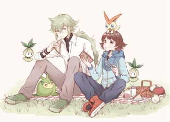 2boys blue_jacket blue_pants brown_eyes brown_hair collared_shirt commentary_request crossed_bangs eating food foongus gen_5_pokemon green_eyes green_footwear green_hair grey_pants hair_between_eyes highres hilbert_(pokemon) jacket legendary_pokemon long_hair male_focus multiple_boys mythical_pokemon n_(pokemon) nintendo on_grass on_head pants parted_lips petilil picnic picnic_basket poke_ball_symbol pokemon pokemon_(creature) pokemon_bw pokemon_on_head red_footwear sandwich shippo_(sbnk4po) shirt shoes short_hair swadloon undershirt victini white_shirt zipper_pull_tab