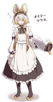 1girl absurdres animal_ears apron black_boots blonde_hair boots closed_eyes cup duel_monster frilled_apron frills full_body highres kanzakietc long_sleeves maid maid_apron maid_headdress maliss_&lt;p&gt;_dormouse mouse_ears mouse_girl open_mouth short_hair simple_background sleepy solo standing teacup tray white_apron white_background yu-gi-oh!