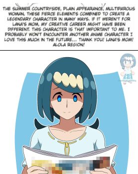 1girl blue_eyes blue_hair censored empty_eyes english_text freckles hair_ornament highres holding holding_manga kurosu_gatari lana's_mother_(pokemon) lanaposting manga_(object) mature_female nintendo no_sclera pokemon pokemon_(anime) pokemon_the_series:_sun_&amp;_moon pornography reading self-pornography shaded_face solo split_ponytail watermark