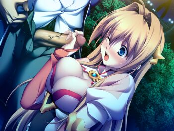 1boy 1girl angel_tear blonde_hair blue_eyes blush breast_press breasts brown_hair bush chest_jewel cleavage detached_sleeves dutch_angle game_cg hair_intakes handjob hetero large_breasts large_variant_set long_hair magical_girl maishima_yuri nerawareta_megami_tenshi_angel_tear night non-web_source official_art one_eye_closed open_fly open_mouth open_pants outdoors pants penis solo_focus tears tsukumo_kazuita uncensored variant_set veins veiny_penis