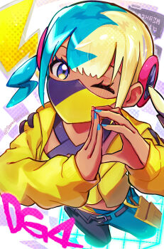 1girl bandeau belt black_belt blue_eyes canari_(pokemon) commentary_request eyelashes hands_up highres jacket looking_at_viewer looking_up mask mouth_mask multicolored_hair multicolored_nails nail_polish nintendo one_eye_closed open_clothes open_jacket own_hands_together pants pokemon pokemon_legends:_z-a samusan100 solo yellow_bandeau yellow_jacket