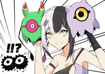 Rule 34 | !?, 1girl, algomon, algomon baby ii, bikini, black bikini, black hair, breasts, cleavage, closed mouth, digimon, digimon (creature), grey hair, highres, hololive, hololive english, kuramon, large breasts, looking at viewer, mitosupa (qsiqydfz7nesh9w), multicolored bikini, multicolored hair, official alternate costume, purple bikini, shiori novella, shiori novella (holonatsu paradise), smile, split-color hair, swimsuit, two-tone bikini, two-tone hair, virtual youtuber, yellow eyes