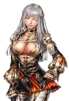 1girl belt belt_around_waist blue_eyes breasts checkered_clothes cleavage doro_(sabarudoro) feet_out_of_frame fingerless_gloves frilled_sleeves frills gem gloves gold gold_buttons gold_necklace granado_espada hair_tie hand_on_own_hip highres jewelry juliet_sleeves large_breasts long_hair long_sleeves multi-tied_hair necklace nostrils one_eye_closed open_mouth pants partially_open_jacket pink_nails puffy_sleeves red_gem scout_(granado_espada) single_sidelock smile solo standing transparent_background white_hair white_pants