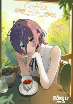 1girl black_choker black_ribbon blue_nails chainsaw_man choker closed_mouth coffee coffee_mug collared_shirt commentary_request cup drink green_eyes grenade_pin hair_between_eyes head_rest highres liangle_(13777171889) looking_at_viewer mug neck_ribbon purple_hair reze_(chainsaw_man) ribbon saucer shirt sitting solo table white_shirt window