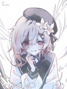 1girl absurdres beret black_hat flower flower_ornament gradient_hair hair_flower hair_ornament hand_on_own_chin hat hat_flower highres light_smile looking_at_viewer magical_girl mahou_shoujo_no_majo_saiban multicolored_hair parted_lips pink_eyes qoooinn sakuraba_ema shirt short_hair simple_background skeletal_wings solo spoilers white_background white_flower white_hair white_shirt wings x_hair_ornament