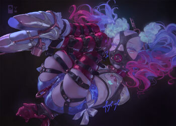 1=2 1girl arms_behind_back ball_gag ballet_slippers bdsm belt bondage bound bound_arms bound_legs cameltoe choker collar facial_mark flat_chest full_body gag gimp_mask gloves gradient_hair heart heart_facial_mark high_heels highres long_hair looking_at_viewer mask multicolored_hair multiple_belts nipples o-ring o-ring_choker original purple_eyes purple_hair red_hair short_shorts shorts skindentation slave solo stiletto_heels thighhighs twintails
