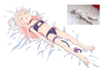 1girl absurdres adjusting_clothes adjusting_panties ahoge bare_shoulders barefoot bow bow_panties bra breasts cat cat_cutout cat_lingerie cat_tail choker closed_eyes clothing_cutout fake_tail frilled_bra frilled_choker frilled_panties frills full_body genderswap genderswap_(mtf) highres jibijibipen long_hair lying navel on_bed onii-chan_wa_oshimai! open_mouth oyama_mahiro panties photo-referenced photo_inset pink_hair reference_inset saliva sleeping small_breasts tail tail_bow tail_ornament underwear