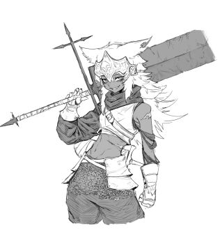 1girl animal_ears armor asymmetrical_sleeves chainmail commentary cropped_jacket cropped_legs dark-skinned_female dark_skin english_commentary frze18 gauntlets gloves greatsword greyscale grin headpiece helmet highres holding holding_sword holding_weapon long_hair looking_at_viewer messy_hair monochrome navel original over_shoulder scar scar_on_shoulder scar_on_stomach sharp_teeth simple_background smile solo stomach sword sword_over_shoulder teeth toned toned_female weapon weapon_over_shoulder