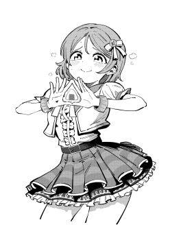 1girl belt blush center_frills closed_mouth commentary_request costume_request cropped_legs flower frilled_shirt frilled_skirt frills greyscale hair_flower hair_ornament hair_ribbon highres jacket koizumi_hanayo looking_at_viewer love_live! love_live!_school_idol_project miniskirt monochrome neck_ribbon open_clothes open_jacket puffy_short_sleeves puffy_sleeves raised_inner_eyebrows ribbon shirt short_sleeves skirt smile solo sto triangle_hands