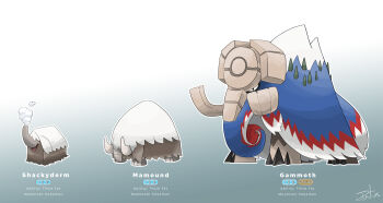 absurdres blue_fur brown_fur creature crossover elephant english_text evolution evolutionary_line fakemon full_body gammoth gugenheim98 hair_over_eyes highres mammoth monster monster_hunter_(series) multicolored_fur nintendo open_mouth poke_ball pokemon pokemon_(creature) red_fur signature simple_background steam tree tusks white_fur