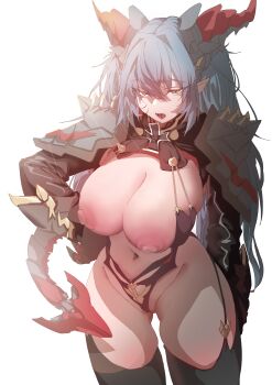 1girl absurdres azur_lane blue_hair breasts demon_horns garter_straps highres horns large_breasts navel nipples regensburg_(azur_lane) simple_background solo white_background