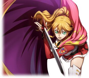 black_necktie blonde_hair code_geass code_geass:_lost_stories code_geass:_soubou_no_oz f4samurai game_cg green_eyes highres holding holding_sword holding_weapon necktie official_art oldrin_zevon open_mouth ponytail red_skirt second-party_source skirt sword teeth weapon
