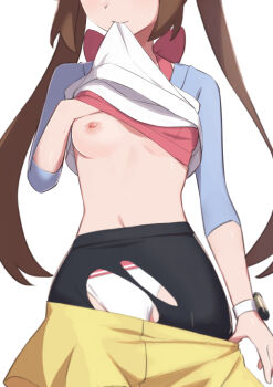1girl biting biting_clothes black_pantyhose blue_shirt bow bra bra_lift breasts brown_hair clothes_lift commentary_request covering_one_breast covering_privates facing_viewer female_focus head_out_of_frame highres midriff morisobo multiple_tails nintendo nipples one_breast_out panties panties_under_pantyhose pantyhose pantyhose_under_shorts pink_bra pokemon pokemon_bw2 rosa_(pokemon) shirt shirt_lift shorts simple_background solo tail torn_clothes two-tone_shirt two_tails underwear watch white_panties white_shirt yellow_shorts