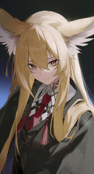 1girl absurdres animal_ears arknights black_background black_coat blonde_hair blue_background chinese_commentary coat collared_shirt commentary dress_shirt gradient_background hair_between_eyes highres looking_at_viewer looking_up neck_tattoo necktie red_necktie scar scar_on_face shirt slit_pupils smile solo tassel tattoo upper_body vulpisfoglia_(arknights) xuegao_ice yellow_eyes