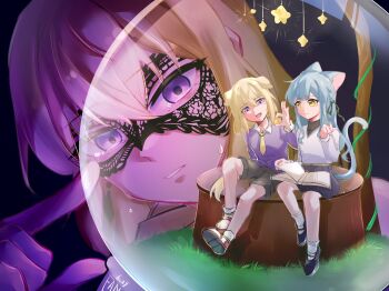 3girls aaclaypot animal_ears bang_dream! bang_dream!_it's_mygo!!!!! blonde_hair blue_hair book cat_ears cat_girl cat_tail chinese_commentary commentary_request crying crying_with_eyes_open dog_ears dog_girl dog_tail doloris_(bang_dream!) fang green_ribbon grey_shorts hair_ribbon highres in_snow_globe kemonomimi_mode long_hair misumi_uika misumi_uika's_sister multiple_girls necktie open_book open_mouth purple_eyes purple_shirt ribbon shirt shorts sidelocks sitting snow_globe spoilers star_(symbol) tail tears togawa_sakiko white_shirt yellow_necktie