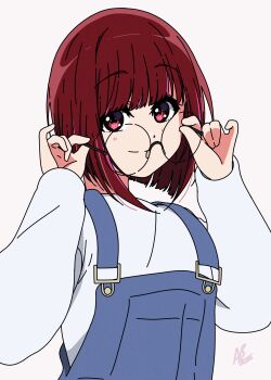 Rule 34 | 1girl, absurdres, animebrit, arima kana, blue overalls, bob cut, commentary, glasses, highres, inverted bob, long sleeves, looking at viewer, medium hair, oshi no ko, overalls, red eyes, red hair, round eyewear, shirt, simple background, solo, upper body, white background, white shirt