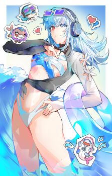 1girl blue_eyes blue_hair breasts cleavage heterochromia highres jeff_(marvel) jeff_the_land_shark jeff_the_land_shark_(sunshine_land_shark) large_breasts long_hair looking_at_viewer luna_snow luna_snow_(cool_summer) marvel marvel_rivals multicolored_hair official_alternate_costume one-piece_swimsuit shark shark_fin smile songtanshui02 split-color_hair sunglasses swimsuit two-tone_hair water white_hair