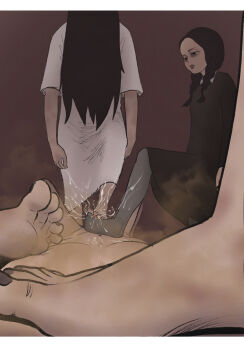 1boy 4girls absurdres the_addams_family age_difference bdsm black_hair blush breasts carlo_(pixiv16132119) cum feet femdom flat_chest footjob hetero highres loli multiple_girls penis silent_hill small_breasts the_grudge the_ring wednesday_addams yamamura_sadako