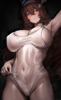 1girl arm_up armpits black_background blue_eyes blush breasts brown_hair commentary covered_navel hair_between_eyes hair_ornament highleg highleg_one-piece_swimsuit highres large_breasts long_hair looking_at_viewer mihono_bourbon_(umamusume) nov1527 one-piece_swimsuit paid_reward_available sideboob simple_background smile solo sweat swimsuit umamusume white_one-piece_swimsuit