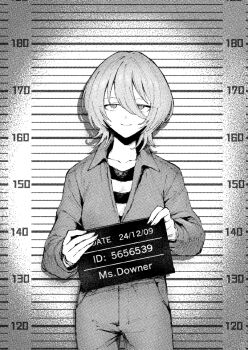 1girl closed_mouth dated downer_onee-san_(downer_onee-san_wa_asobitai) downer_onee-san_wa_asobitai hair_between_eyes height_chart holding holding_sign looking_at_viewer medium_hair monochrome mugshot official_art prison_clothes shirt sign solo striped_clothes striped_shirt yamadaka_kei